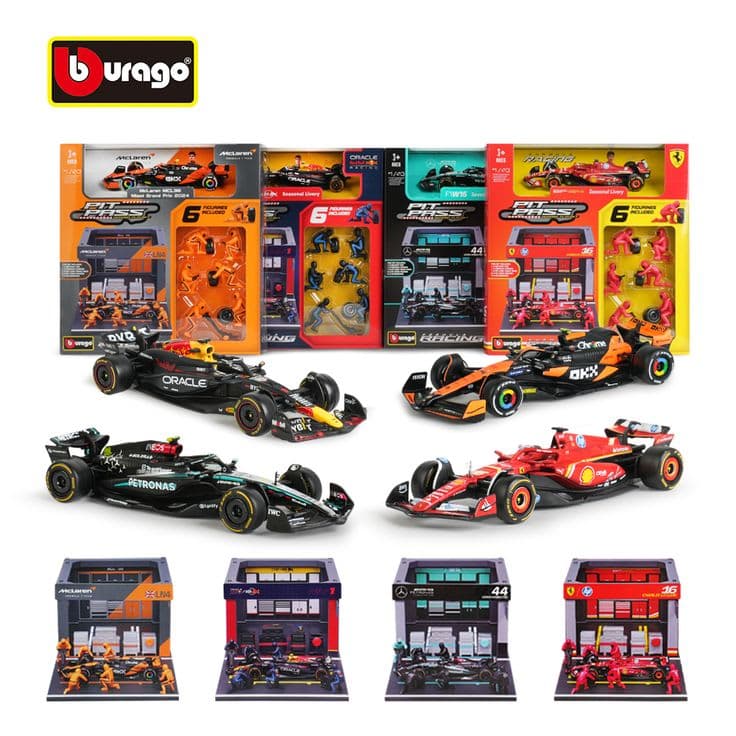 Bburago - Formula 1 Pit Stop Set 1/43 with Mechanic Figures, Stand & Accessories - Official F1 Model, Collector's Edition