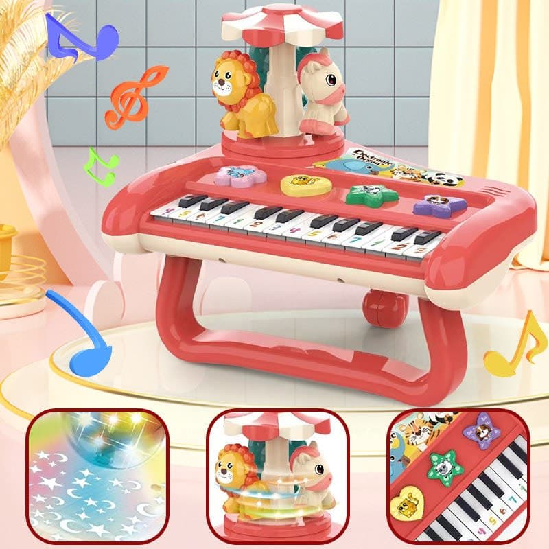 Rotary Children's Musical Piano Keyboard with Rotating Carousel, Light Projection, Multiple Modes, Red